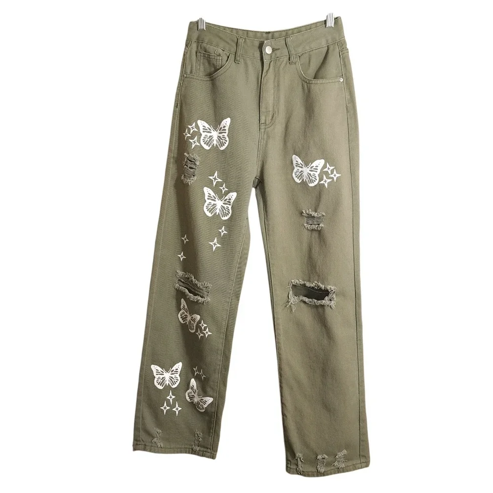 Shein Women's High Waist Denim Olive Green Pants Wide Leg Butterfly Distressed S